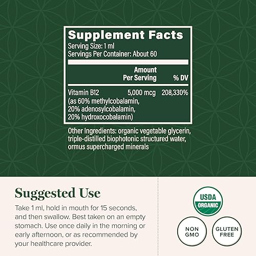 Miniatura 3 de Global Healing - Vitamina orgánica B12 5000 MCG líquido sublingual, metilcobalamina, mezcla de hidroxo y más, gotas metiladas para adultos, vegano,