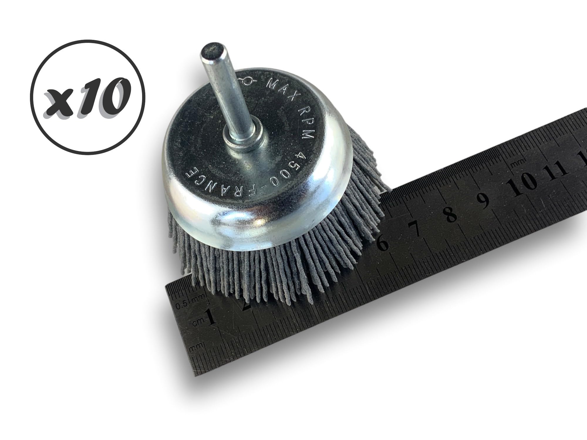 KIBROS 2575KR_120 x 10, 10 sztuk szczotek drucianych na trzonku, Ø 75 mm, wypełnienie z węglika krzemu NYLON o ziarnistości 80, szczotki do usuwania zadziorów, polerowania i szlifowania