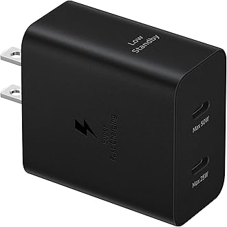 50W Duo Power Adapter Wall Charger, 2 Ports, Cable Included, Super Fast Charging 2.0 for Galaxy Phones, Tablets, USB Type C Devices, Low Standby Power Consumption, EP-T5020XBEGUS, Black