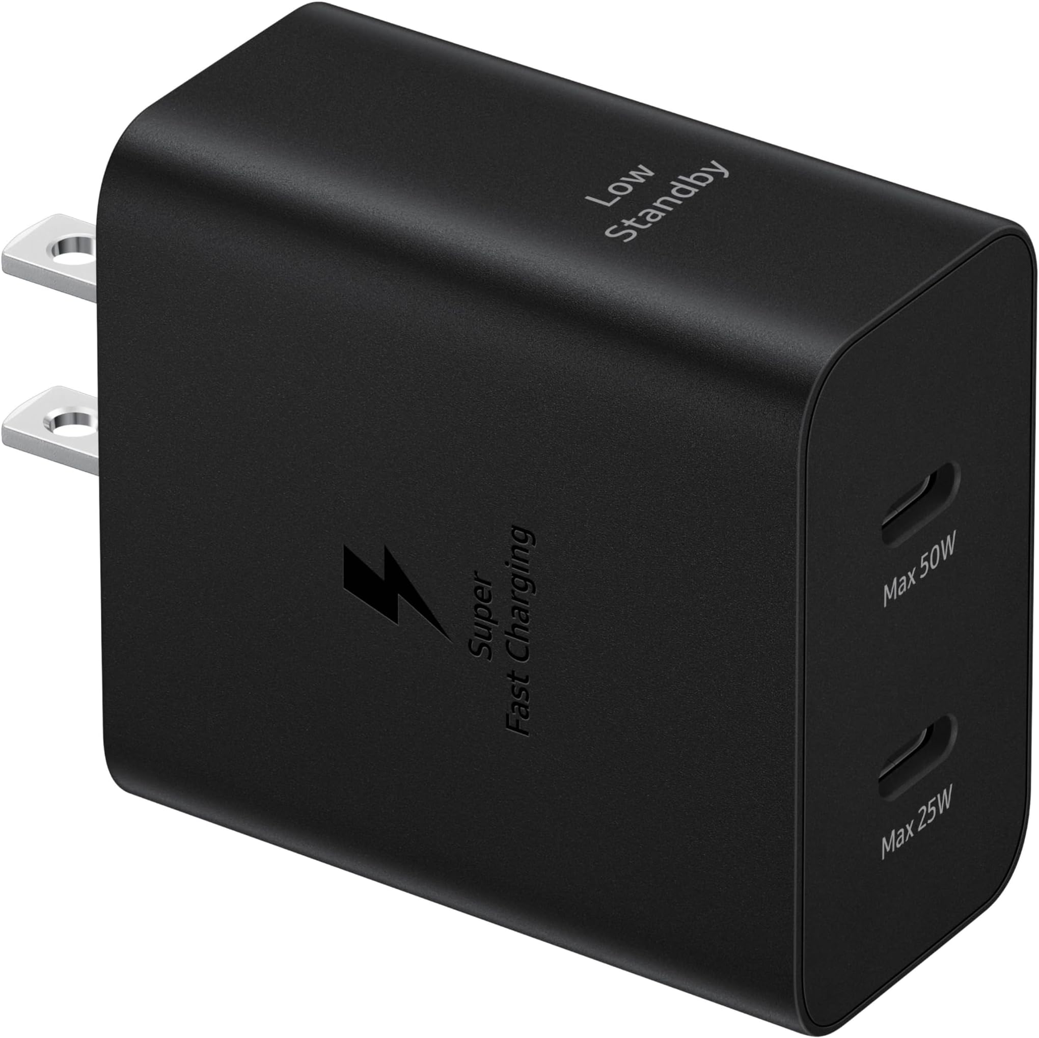 50W Duo Power Adapter Wall Charger, 2 Ports, Cable Included, Super Fast Charging 2.0 for Galaxy Phones, Tablets, USB Type C Devices, Low Standby Power Consumption, EP-T5020XBEGUS, Black