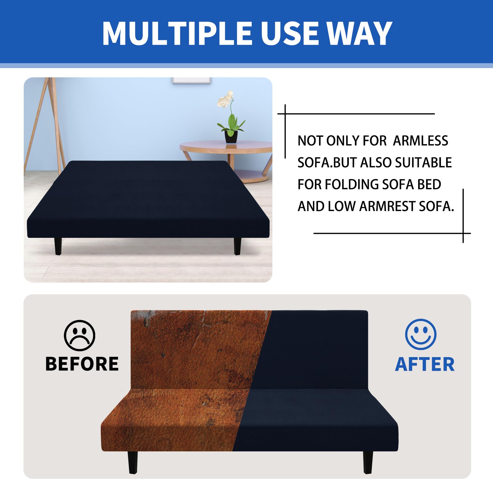 MAXIJIN Futon Cover Slipcover Full Size, 2024 Upgrade Queen Futon Mattress Cover Washable Armless Sofa Couch Covers Stretch Sofa Bed Furniture Protector with Elastic Bottom (Futon, Navy Blue)