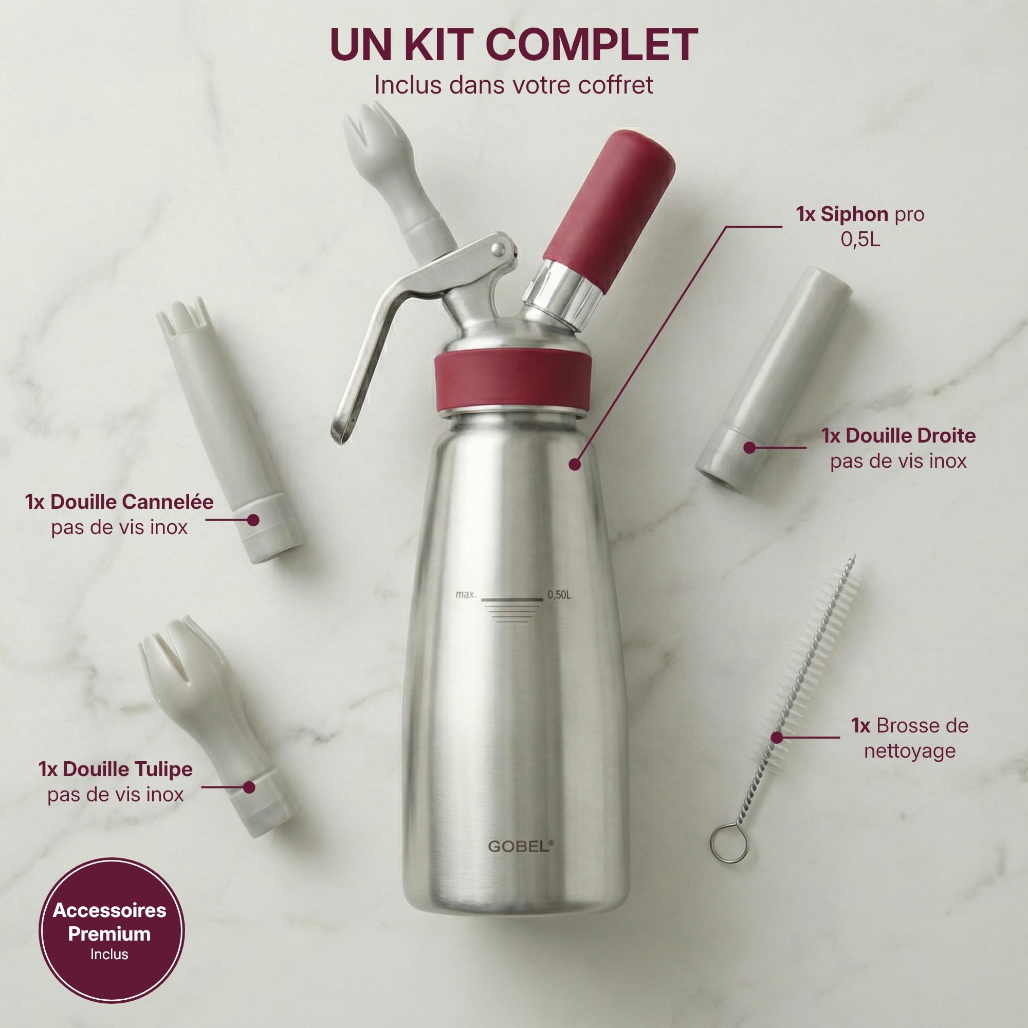 Gobel - Siphon chantilly professionnel cuve et tête inox 0,5L - NF D21-901 | Chantilly, sauces, espumas, chaud ou froid jusqu'à 70°C ; certifié NF D21-901 et TÜV ; 3 douilles et brosse incluses