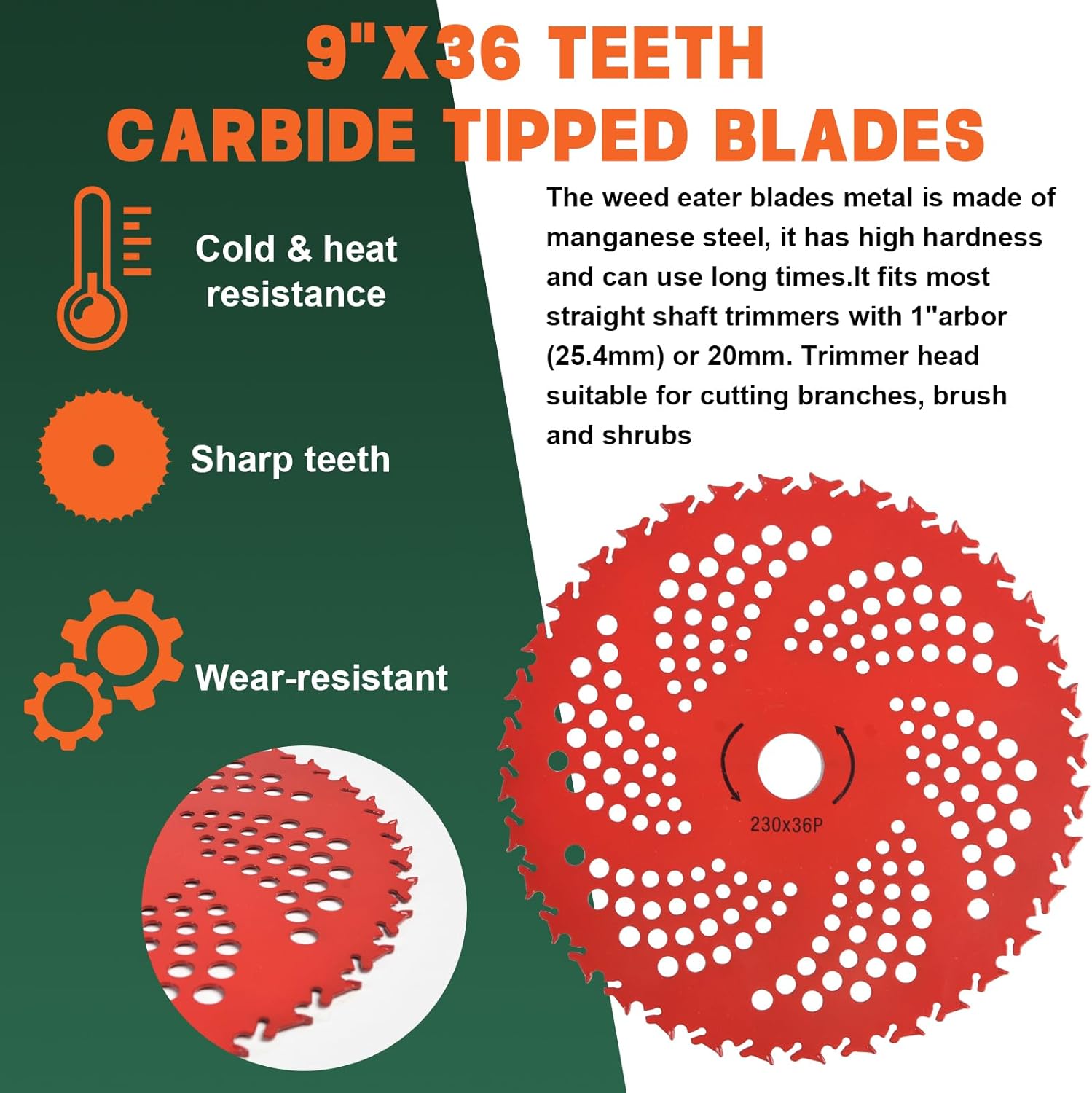 9"x36 Teeth Carbide Tipped Blades & 9"x20T Carbon Steel Round Chainsaw Tooth Brush Blades & 10"x80T Carbide Tip Brush Blades & 10"x3T Cutter Weed Eater Blades with Adapter Kit for Trimmer, Weed Eater