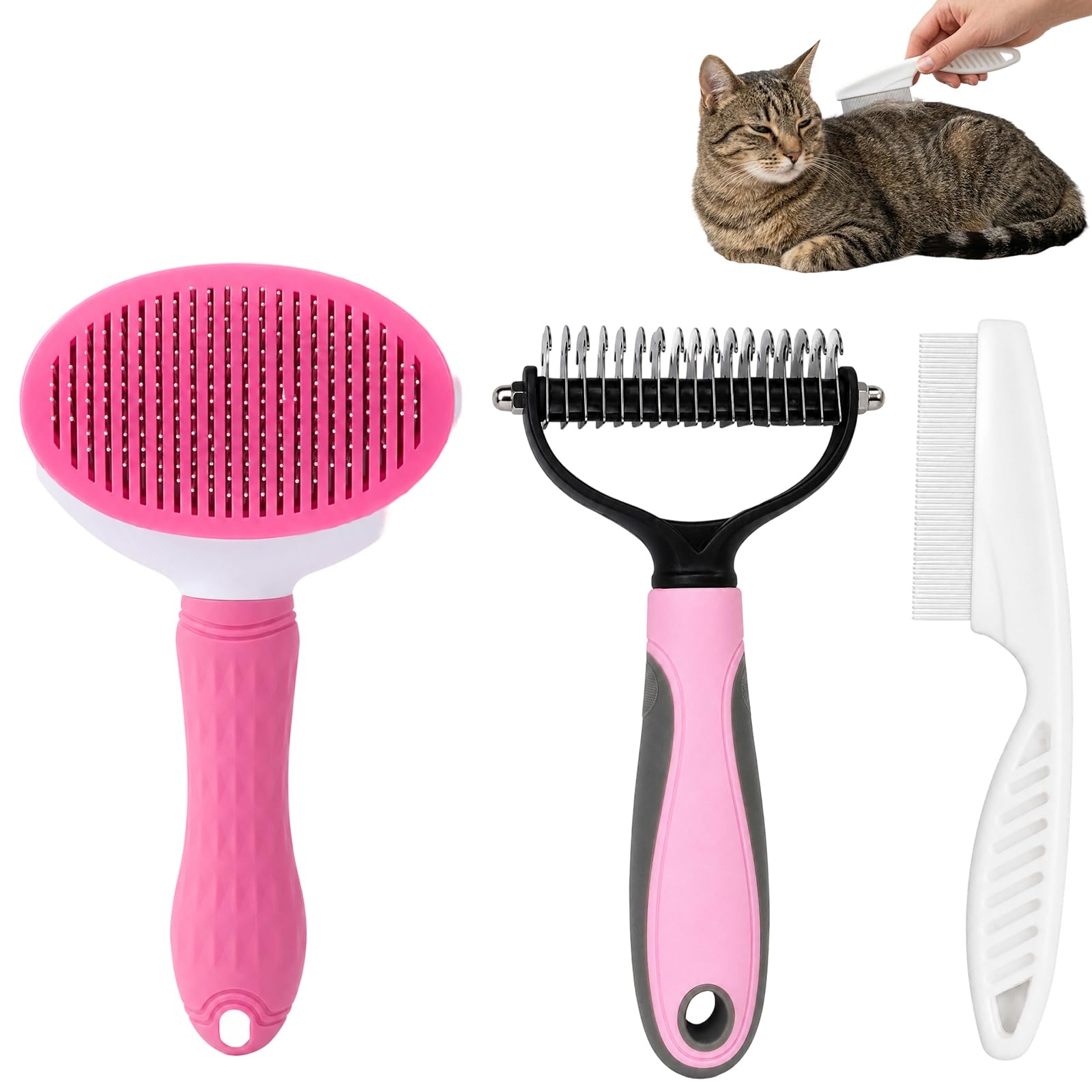 3Pcs Dual Sided Pet Grooming Comb, Pet Grooming Comb, Two Sided Design for Coat Maintenance, Suitable for Medium and Long Haired Animals, Pink Black, Pink and White Combs