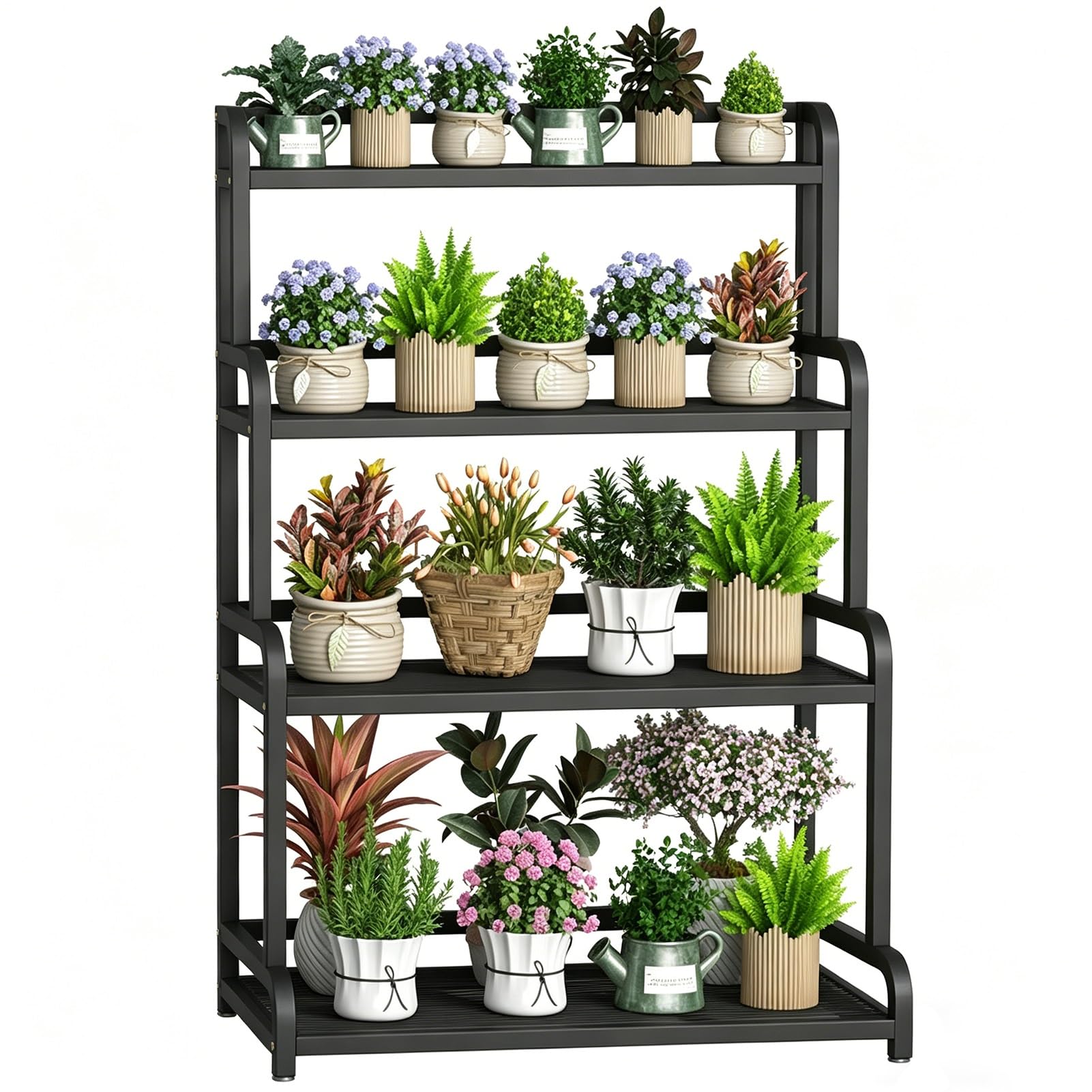 DMCHENGMA 4-Tier Metal Plant Stand - 135cm Tall Black Wrought Iron Flower Rack for Indoor & Outdoor, Sturdy Tiered Display Shelf for Multiple Plants(80x50x135cm)