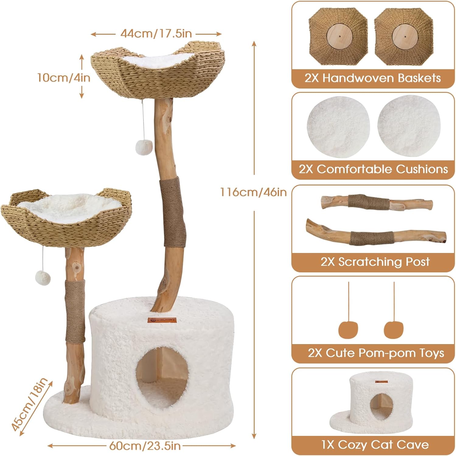 U-Moving 46" Natural Wood Cat Tree for Large Cats – Modern Feline Tower with Scratching Posts, Real Branch Design & Luxury Gift for Cat Lovers