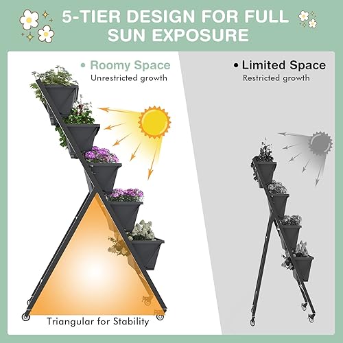 Miniatura 3 de Safstar - Macetero vertical de 5 niveles, cama de jardín elevada con 2 ruedas bloqueables, 5 cajas de macetas extraíbles, marco de metal, caja de