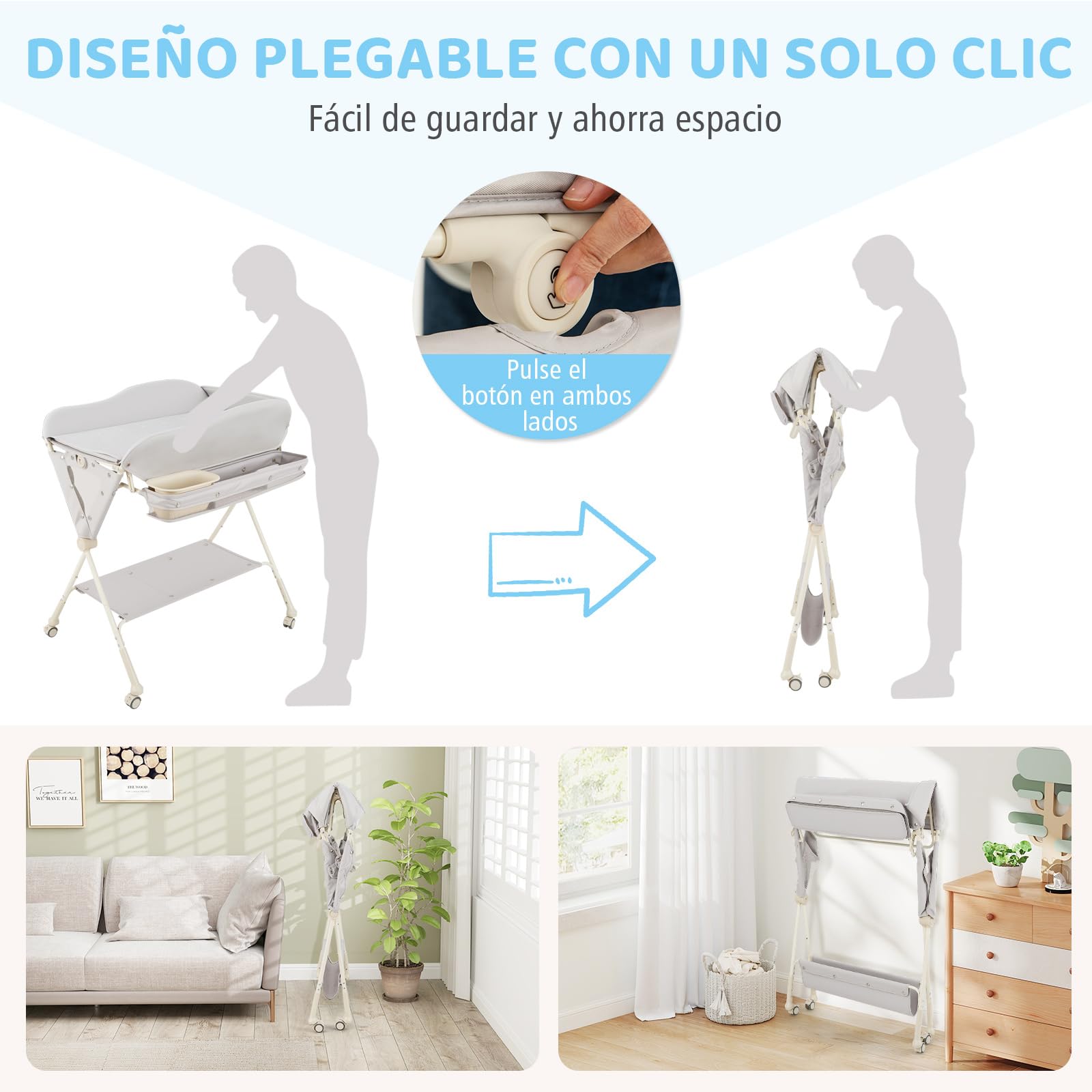 COSTWAY Cambiador de Pañales Plegable para Niños, Cubículo Cambio Pañales con Almacenaje, Ruedas Extraíbles y Bloqueables,Organizador Móvil para Bebé y Niño (Gris)