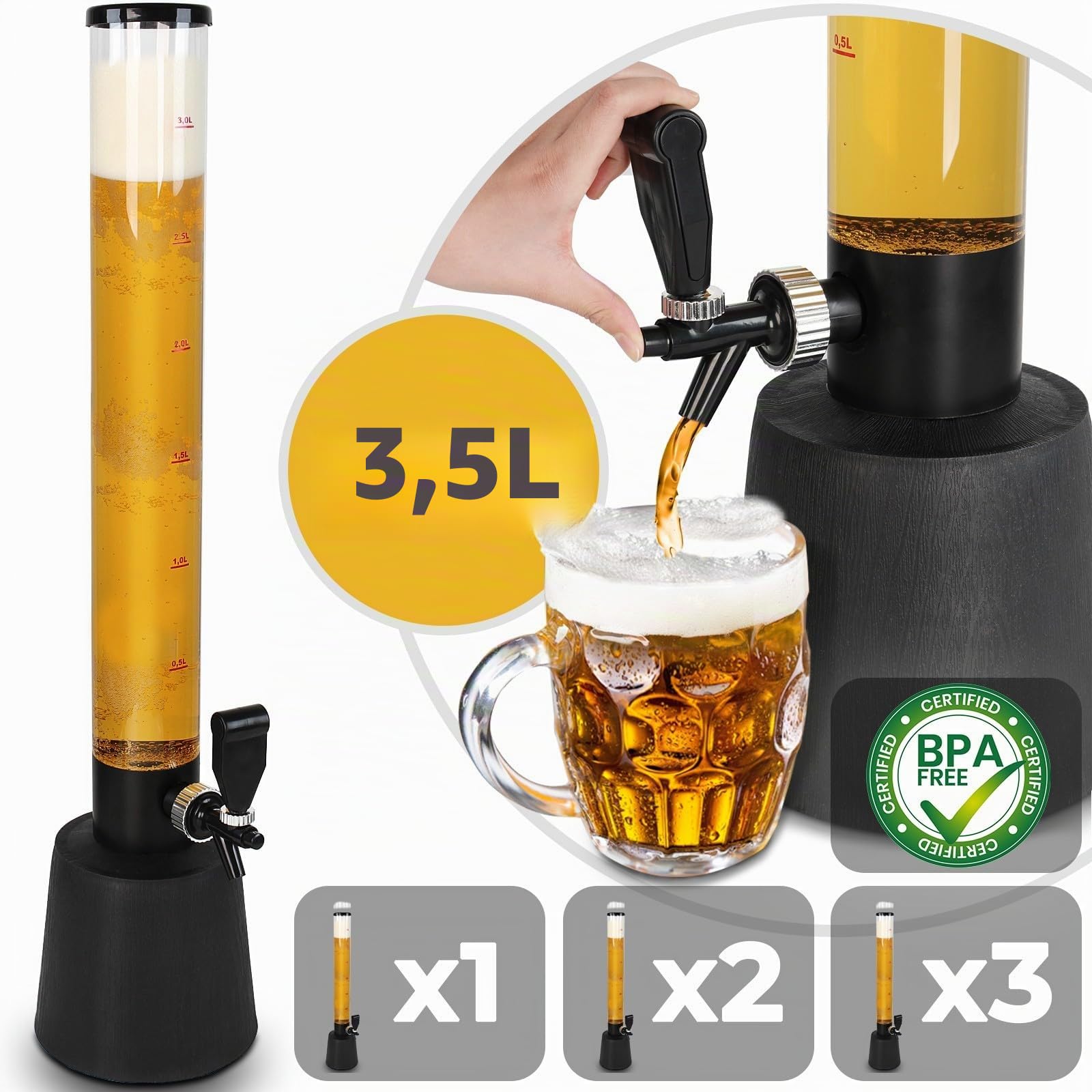 Jago® Distributore di Birra - Set da 3, capacità Massima 3,5 l, Altezza 90 cm, con Rubinetto e Tubo di Ghiaccio, in Plastica Senza BPA - Spillatore, Dispenser, Giraffa, Torre, Bevande