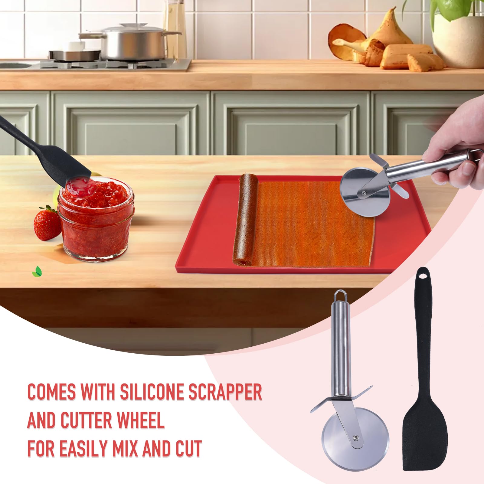 8 bandejas deshidratadoras de silicona para cuero de frutas de 12 x 10 pulgadas, alfombrillas deshidratadoras antiadherentes con borde para frutas, verduras, carne, hierbas, galletas líquidas con 3