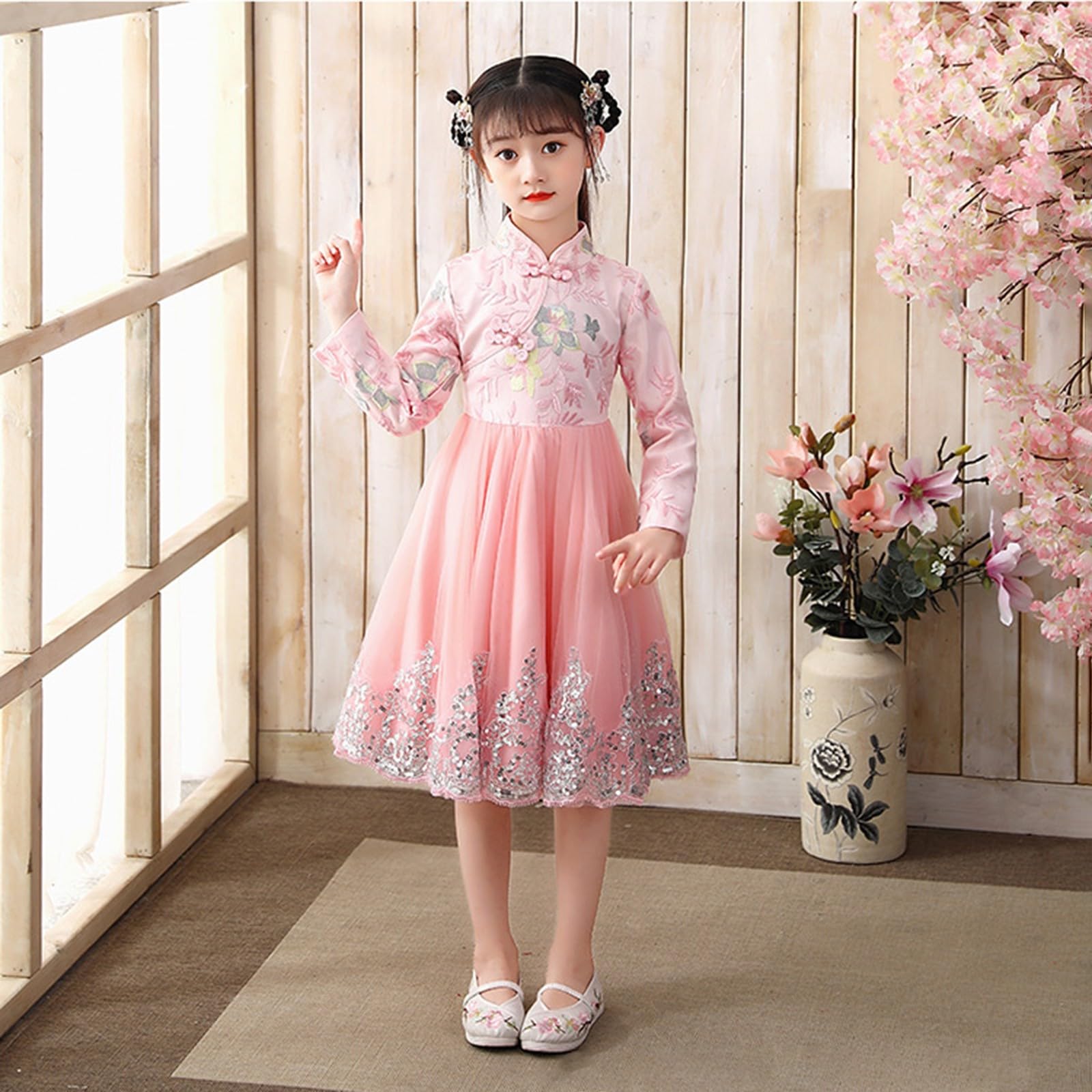 Chinesisches Kleid für Mädchen, Qipao, Blumenmuster, lange Ärmel, A-Linie, Neujahr, Geburtstag, Hochzeit, Cheongsam, Kinder, traditionelles Festival-Outfit