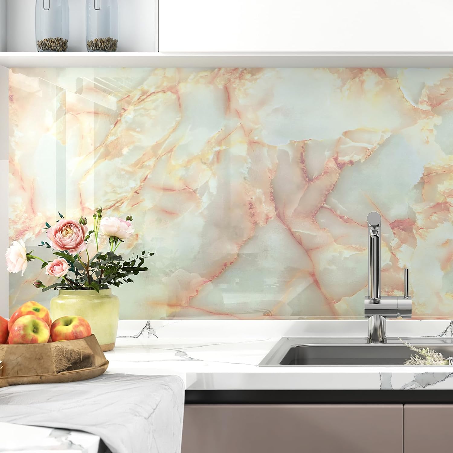 Beige Pink Marble Contact Paper Marble Vinyl Wrap for Countertops Waterproof Gold Pink Marble Peel and Stick Wallpaper Removable Countertop Contact Paper for Cabinets Table 17.7" x 315"