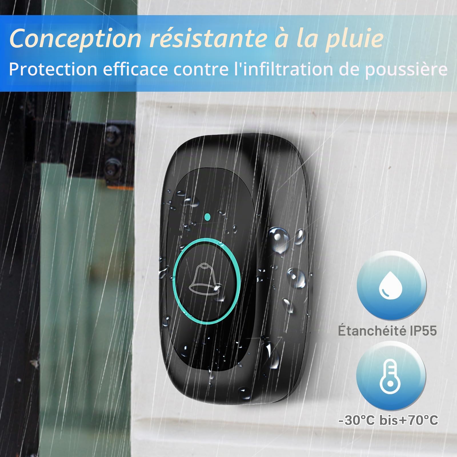 VFANDV Sonnette Sans Fil, IP55 Bouton de Sonnette 400M Longue Portée Exterieur Étanche Electronique avec 2 Récepteurs 55 Mélodies Kit de Carillon Electronique LED Bleu