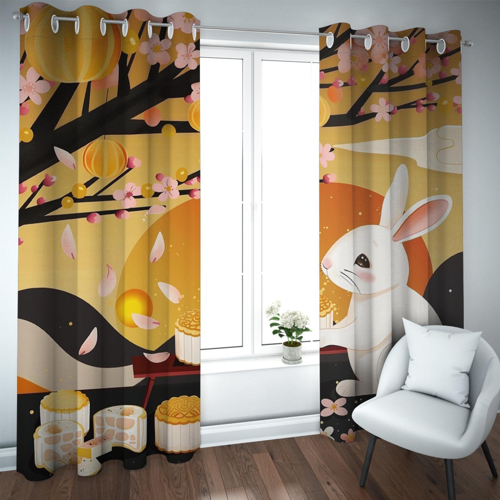 TOANGWALL Moon Festival Blackout Curtains for Living Room Bedroom Decor Yutu Mooncake and Laurel Tree Classroom Thermal Window Drapes 2 Panels W90xL108in