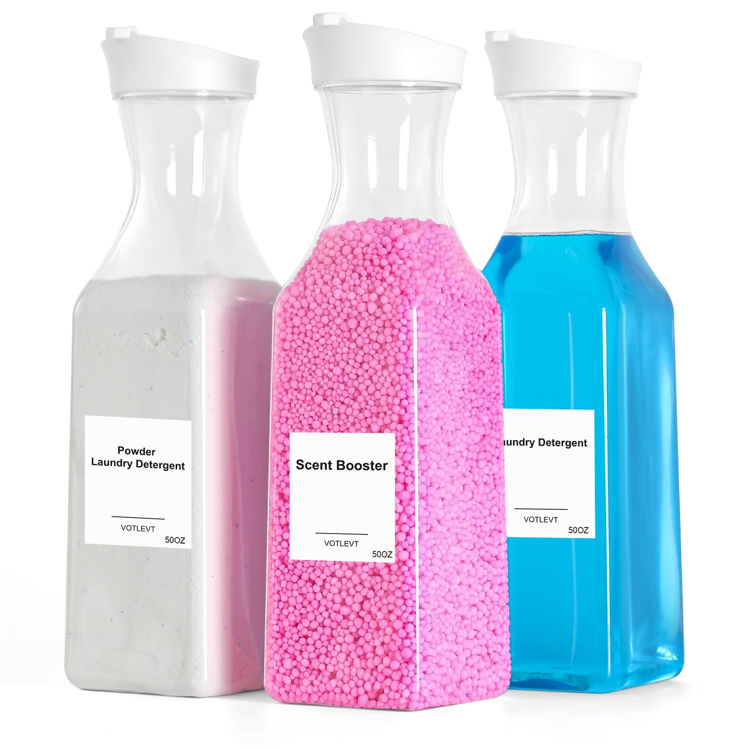 Distributeur de détergent lessive en lot de 3 bouteilles plastiques pour l'organisation de la buanderie