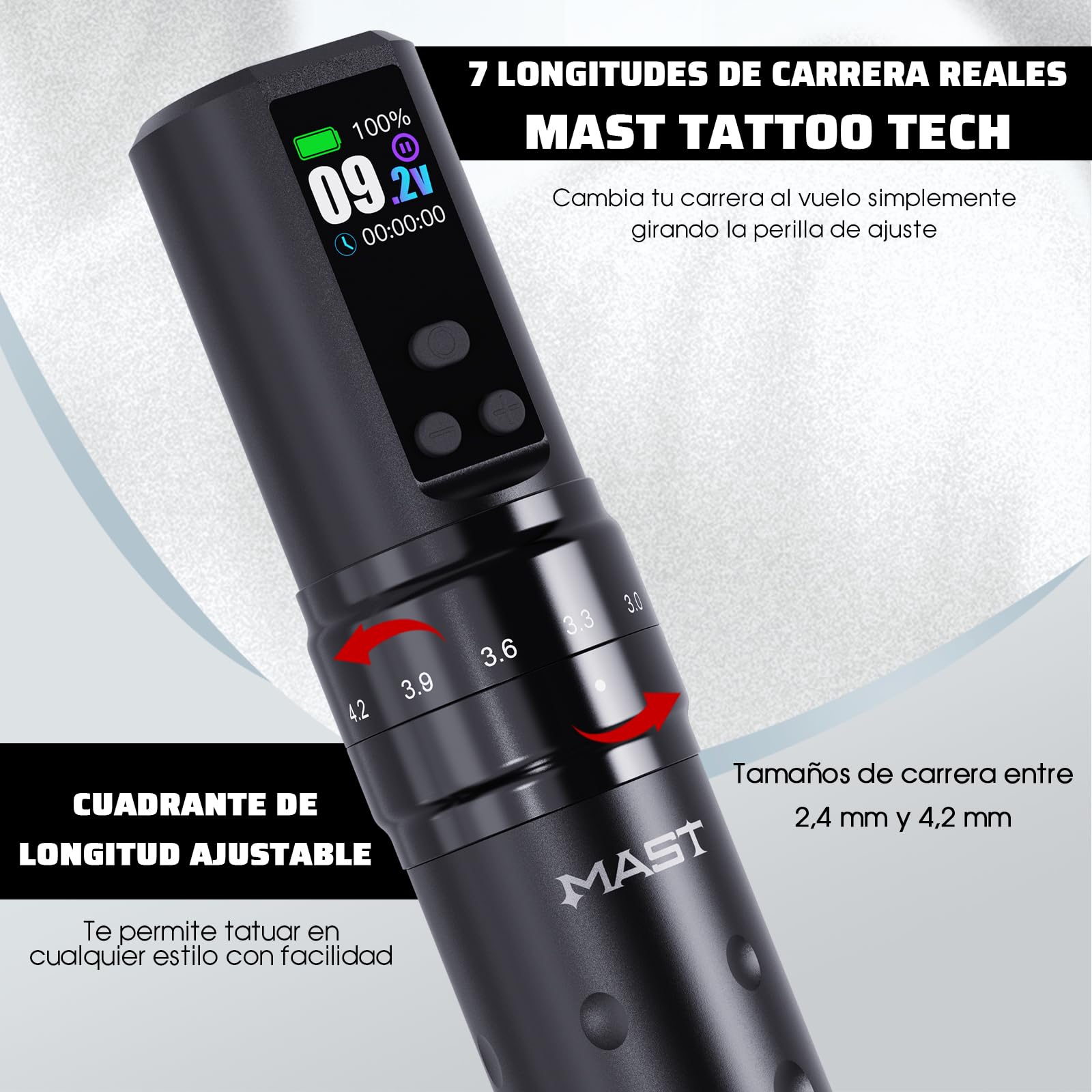 Mast Fold2 Pro Pen Máquina de Tatuaje Rotary Inalámbrica Tattoo Gun 7 Stroke Length de Batería 2000mAh Powerful Motor by Mcore Smart Display Screen para Artistas Profesionales (WQP-076-10YMX)