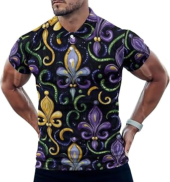 Golf Polo Shirts for Men, Purple Gold Fleur Design Print Moisture Wicking Dry Fit Short Sleeve Mens Polo Shirts