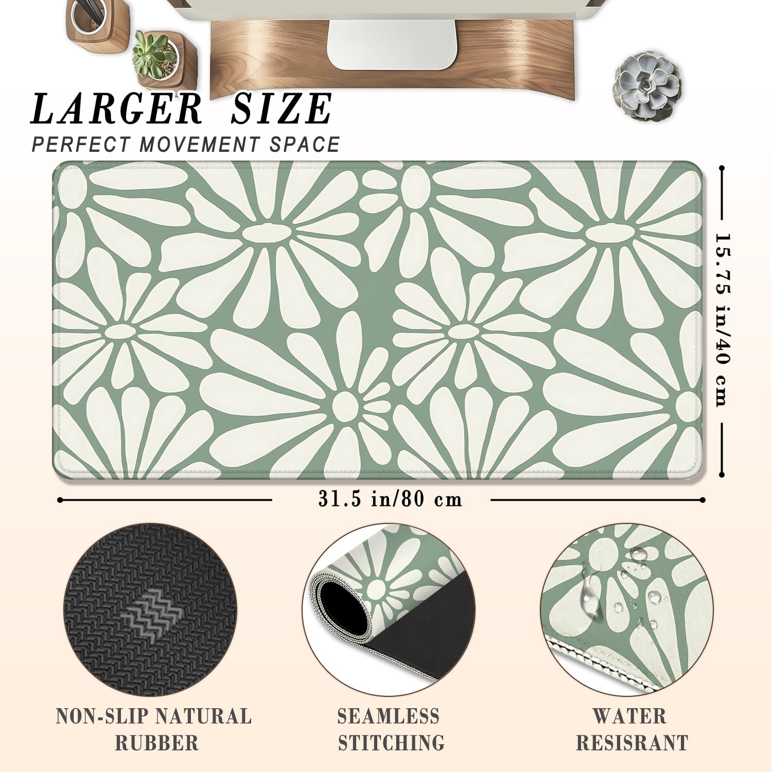 Sage Green Boho Floral Large Gaming Mouse Pad 31.5x15.7in image 2