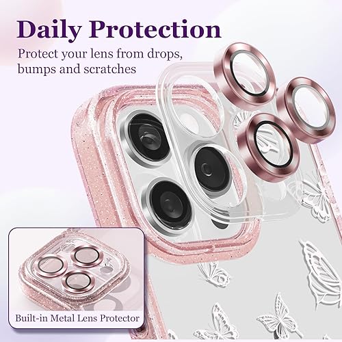 Miniatura 2 de Funda compatible con iPhone 15 Pro, bonita estética, funda para teléfono con protector de cámara, diseño de mariposa femenina con diseño de correa