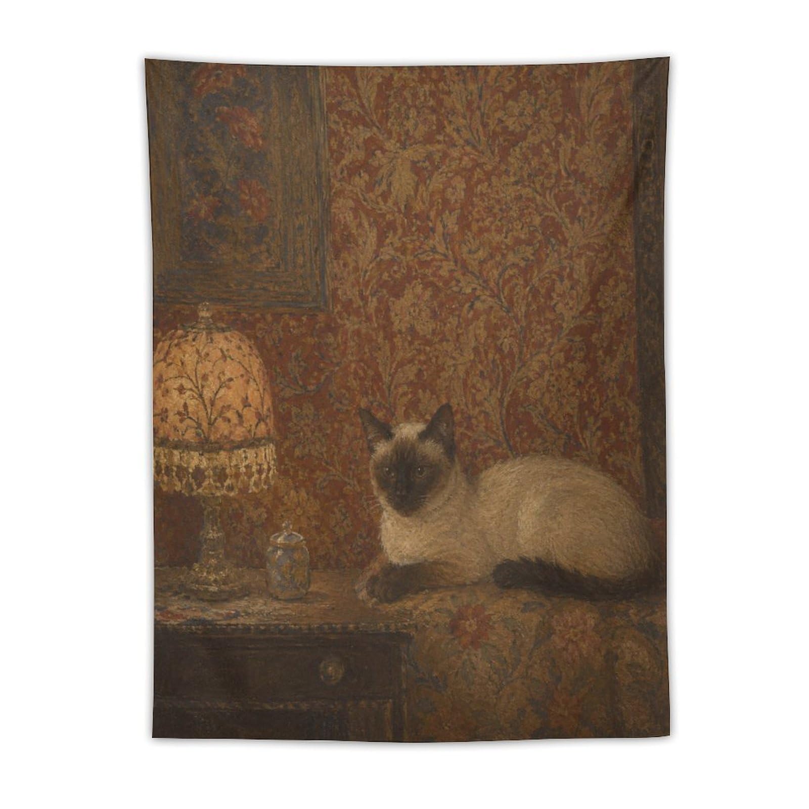 W7C8U2X3 Siamese Cat by Lamp Wall Tapestry, Realistic Illustration