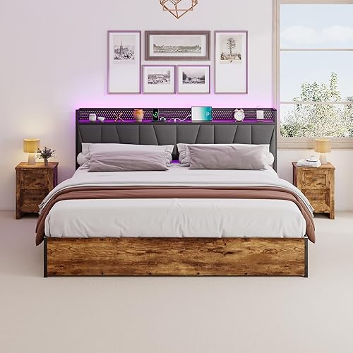 Miniatura 33 de Base de cama de almacenamiento elevable de tamaño matrimonial con luces LED, cabecera tapizada de lino con estación de carga, marco de cama de