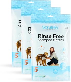Scrubby Pet No Rinse Pet Wipes | Rinse Free Shampoo Mittens | Dogs & Cats | Bath Wipes - Bathing & Washing Pets, Hypoallergenic | No Rinse Wash Mitt | Grooming, Lather Wipe Dry - Pack of 15