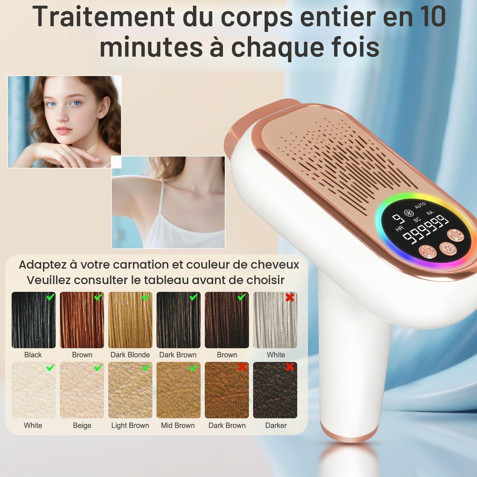 Épilateur IPL avec Refroidissement – 9 Niveaux, 3 Modes pour Visage, Maillot, Jambes