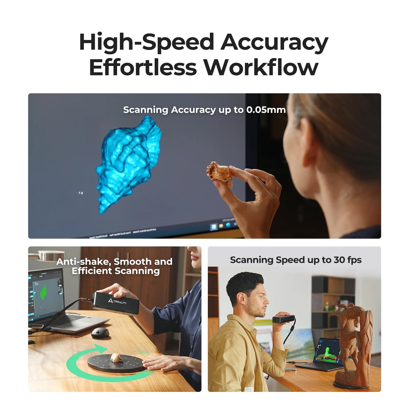 Creality Otter Lite 3D-Scanner, 0,05 mm Hochpräzise, 30 fps kabelloser Griff Handheld Scanner für 3D-Druck, Anti-Shake-Tracking, 24-Bit Vollfarbscannen für Objekte zwischen 20 und 2000 mm