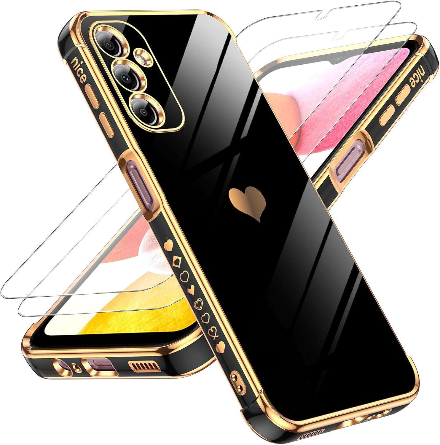LeYi Samsung Galaxy A14 5G Case:With Tempered Glass Screen Protector [2pcs]+Full Camera Lens Protection,Luxury Shockproof Cover with Heart Coating for A14 5G
