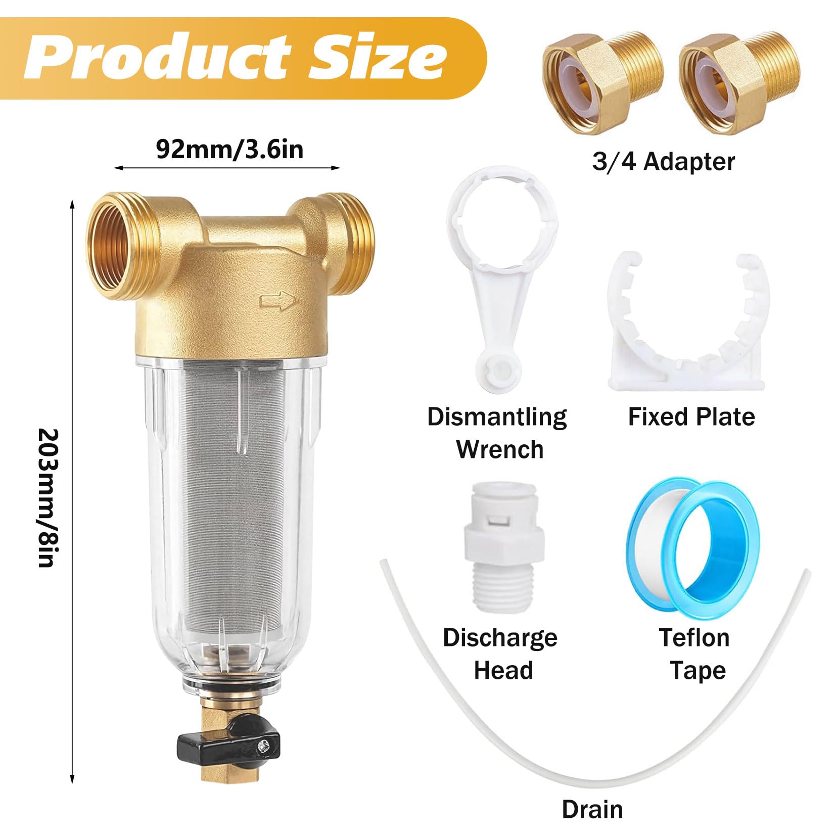 Wasserfilter Wiederverwendbare Filterkombination 1“&G3/4”MNPT+G3/4” Vorfilter Sedimentfilter Feinfilter Ausspülbarer Feinfilter mit Adapter Spin-down-Sedimentwasserfilter