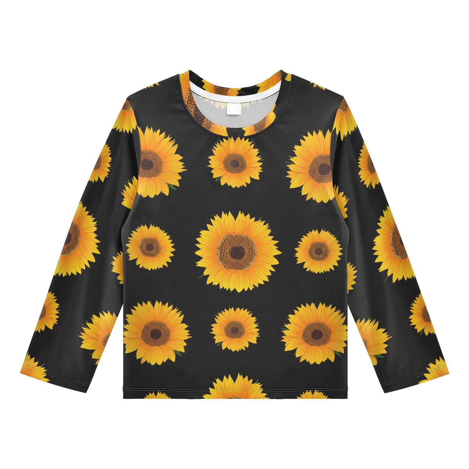 DOMIKING Sunflower Blossom Black Boys Long Sleeve Rashguard Shirt Kids Quick Dry Swim Shirt for Toddler Kid 11-12T