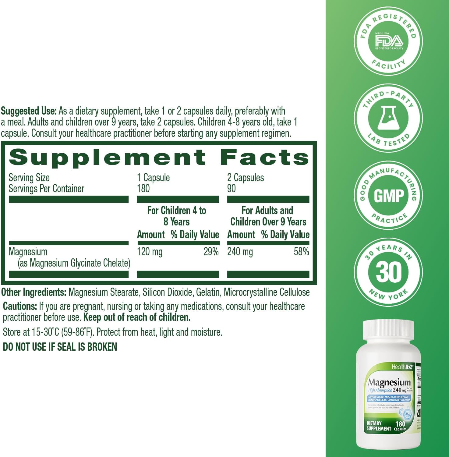 HealthA2Z® Magnesium Glycinate 240 mg - 180 Capsules, Supports Daytime Energy, Nighttime Restful Sleep, Stress Relief, Mood Balance, Bone & Muscle Health, and Natural Beauty - High Absorption Formula