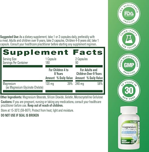 Miniatura 2 de HealthA2Z Glicinato de magnesio 240 mg - 180 cápsulas, apoya la energía diurna, sueño reparador nocturno, alivio del estrés, equilibrio del estado
