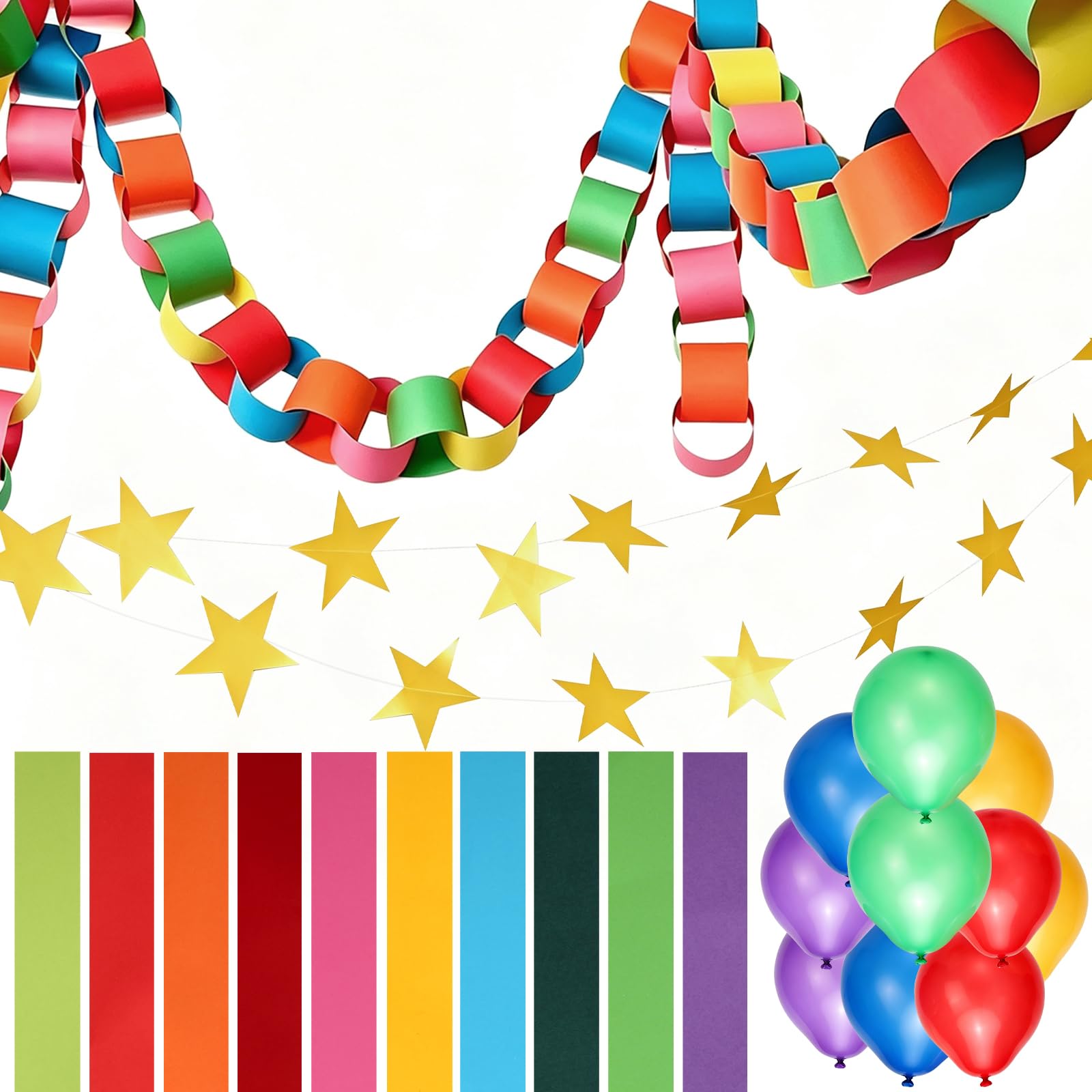 300Pcs Paper Chains Bright Color, Paper Chain Strips with 4M Reflective Star Garland and 10 Balloons for Birthdays, Carnivals, Anniversaries, Weddings and Party Decorations (Vibrant Rainbow)