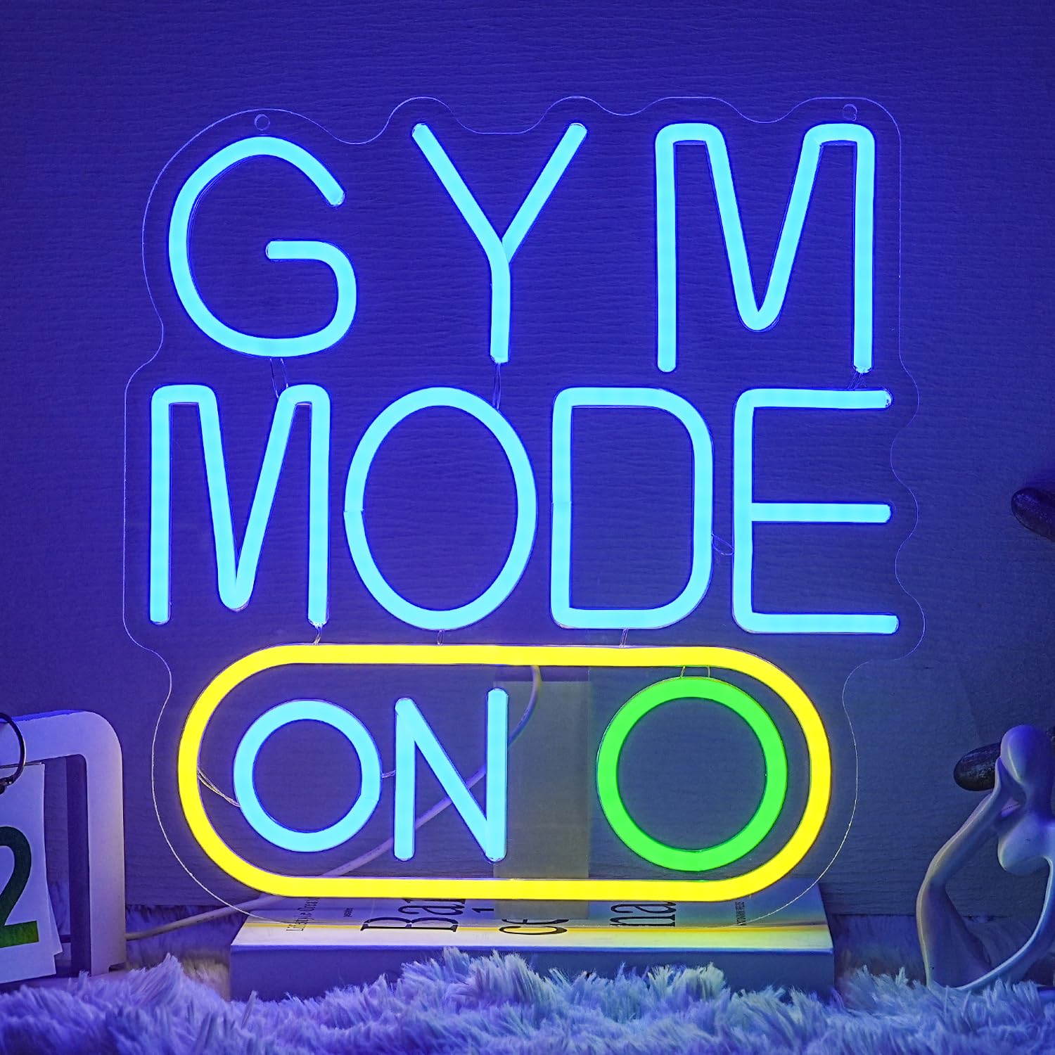 Gym Mode On Neon Sign Gym Fitness Neon Light Sign Neon Gym Signs for Home Gym Blue Letter LED Light for Sports Room Workout Fitness Club Wall Art Decor Gift