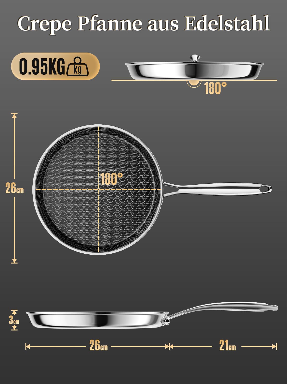 Innerwell 26 cm Crepe Pfanne, Edelstahl Omelettpfanne, keramische Antihaftbeschichtung, Kühlbleibendem Griff, ofen- und spülmaschinenfest, PFOA/PFAS/PTFE-frei