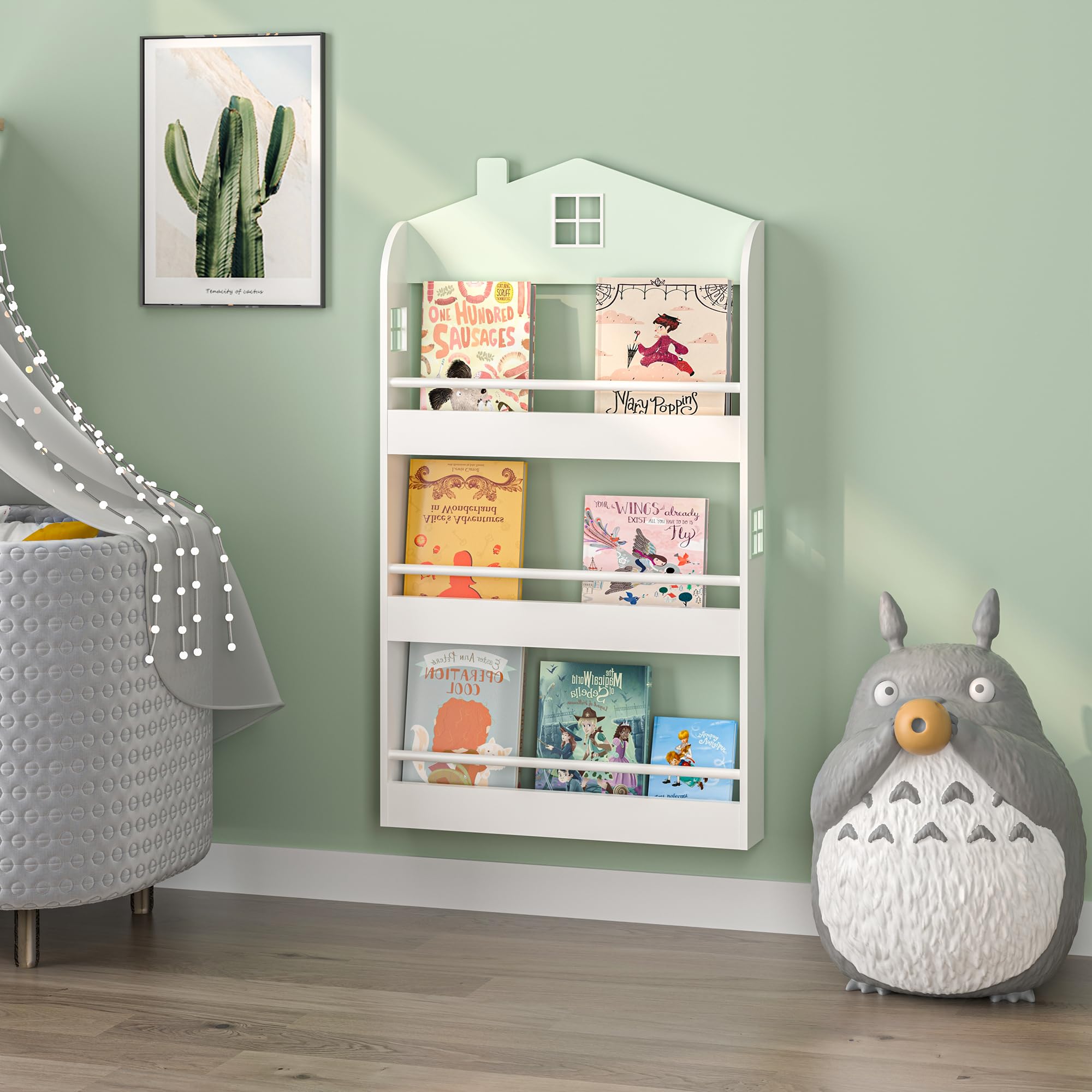 [en.casa] Libreria Frontale per Bambini Scaffale per Cameretta Design a Casetta con Barre Anticaduta Montaggio a Parete o a Terra 106x60x12 cm Menta Verde/Bianco
