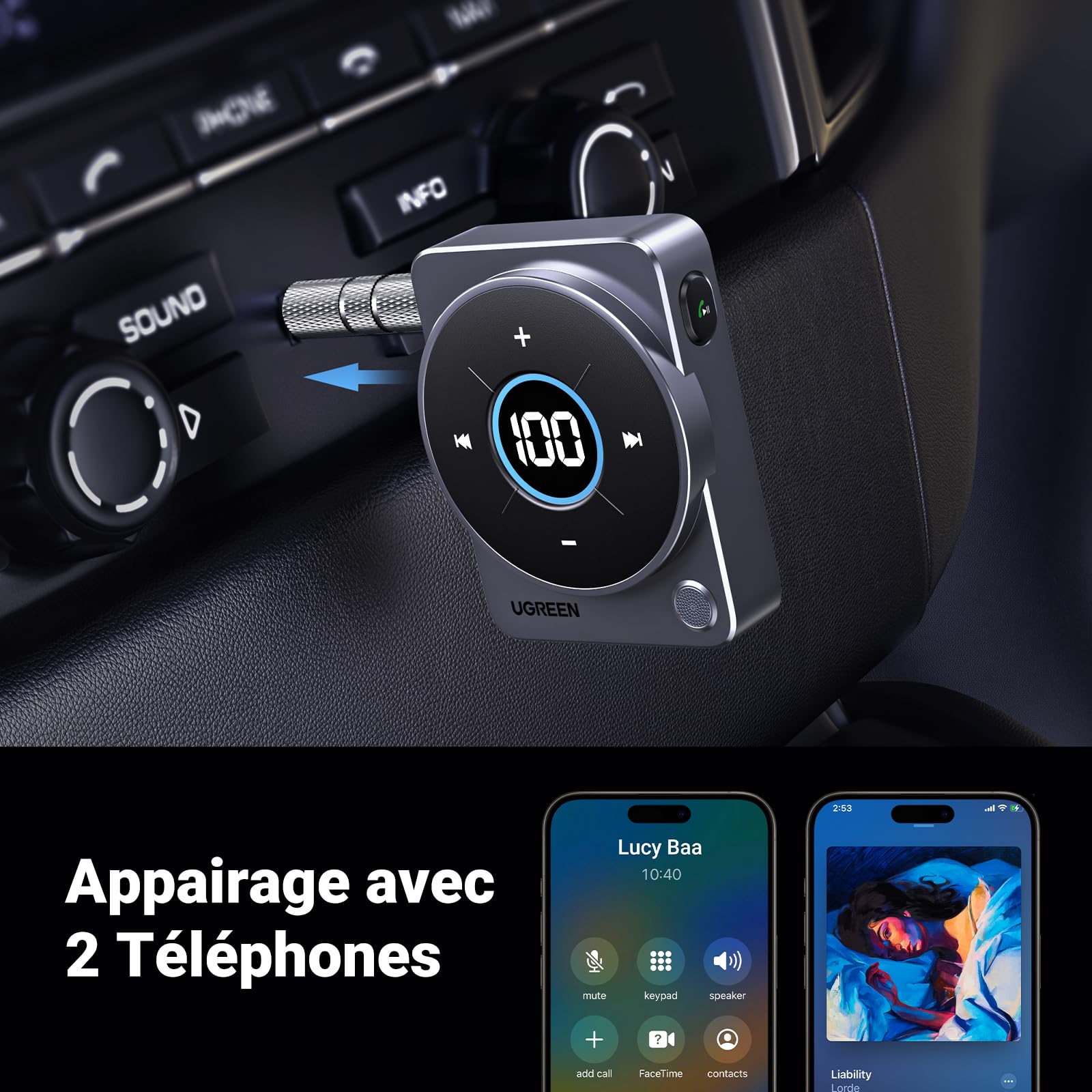 UGREEN Récepteur Bluetooth 5.4 Jack Voiture Adaptateur Bluetooth Jack Aux | avec Micro Intégré Appel Mains Libres 20H d'Autonomie pour Enceinte Haut-Parleurs Casque Filaire Autoradio, Câble 3.5mm Inclu