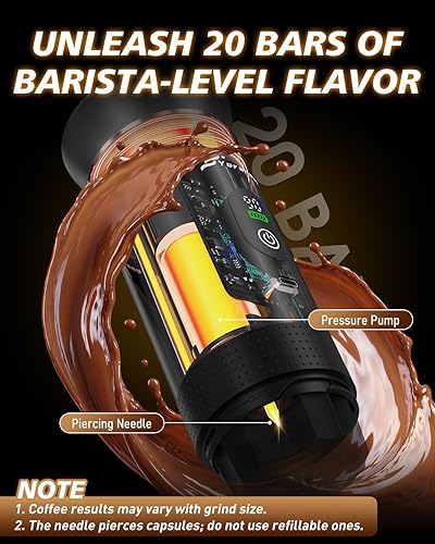 Miniatura 3 de Cafetera portátil para viajes, máquina de café expreso autocalentable con USB-C, pantalla LED, 20 bares, compatible con café molido y cápsulas (NS y