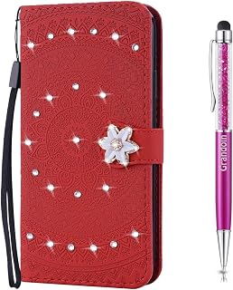 Grandoin Compatible with Samsung Galaxy Note 20 Ultra 5G / 4G Case, Bling Sparkly Diamonds Mandala Pattern Premium PU Leather Magnetic Flip Cover with Card Slots Bookstyle Wallet Case (Red)