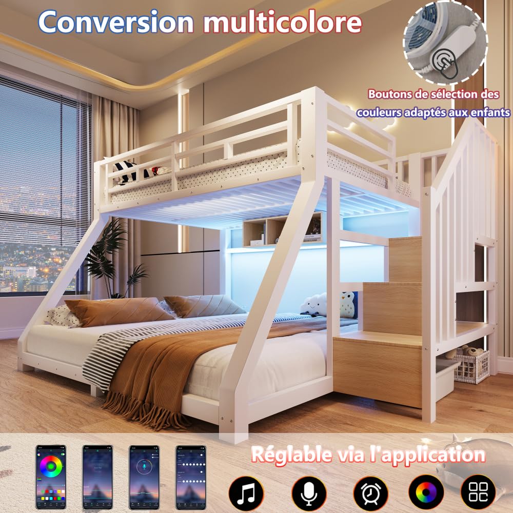 Sapgaks Lit superposé Enfant 140 x 200+90 x 200 cm,lit Mezzanine avec escalier,lit superposé 2 Places,3 Compartiments de Rangement,Bandeaux LED intégrés,Structure en métal et MDF