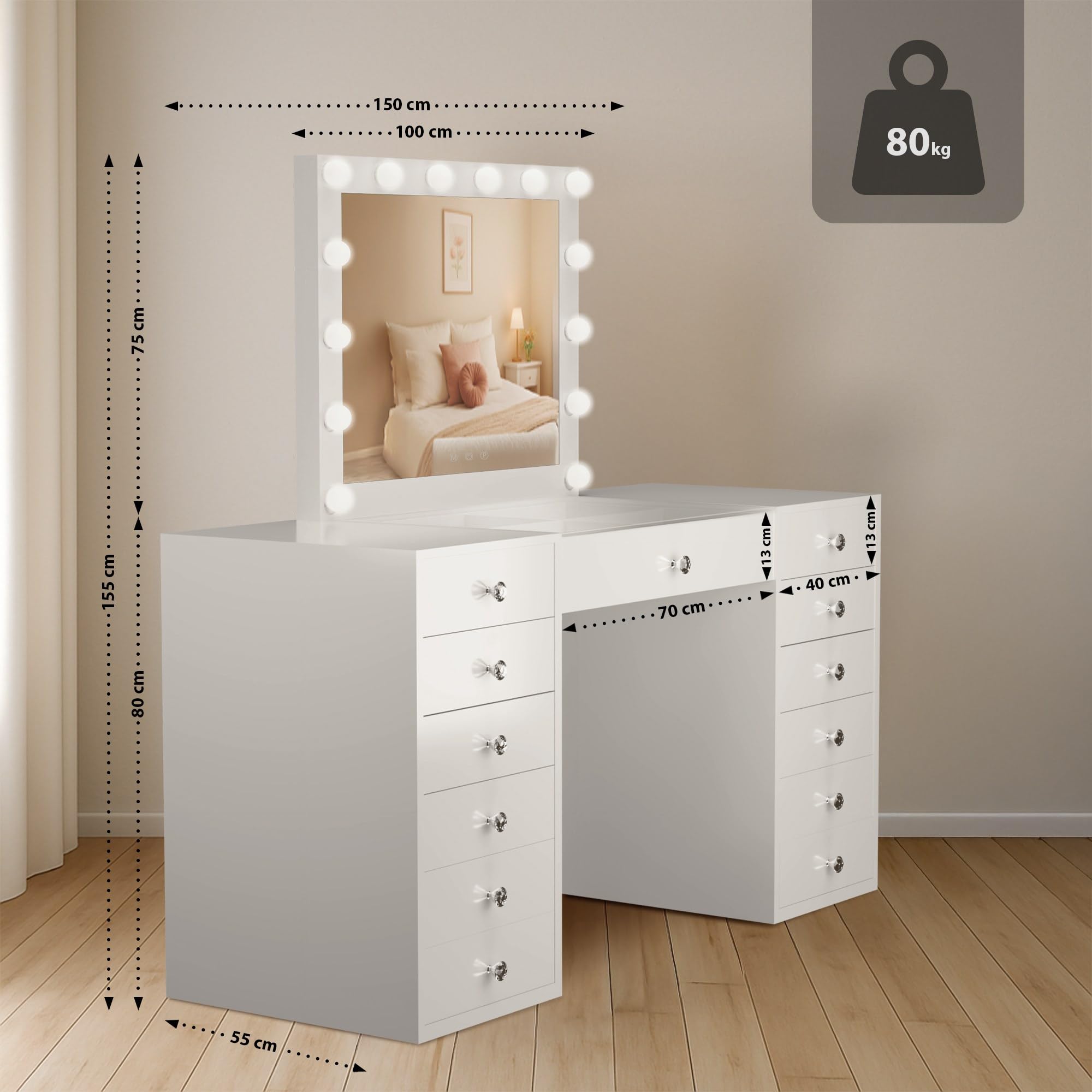 CLP Coiffeuse avec éclairage et Miroir 100x75 cm Attalla, Miroir Hollywood LED 3 Couleurs de lumière, avec tiroirs, Connexion USB-A et USB-C, Couleur:Blanc