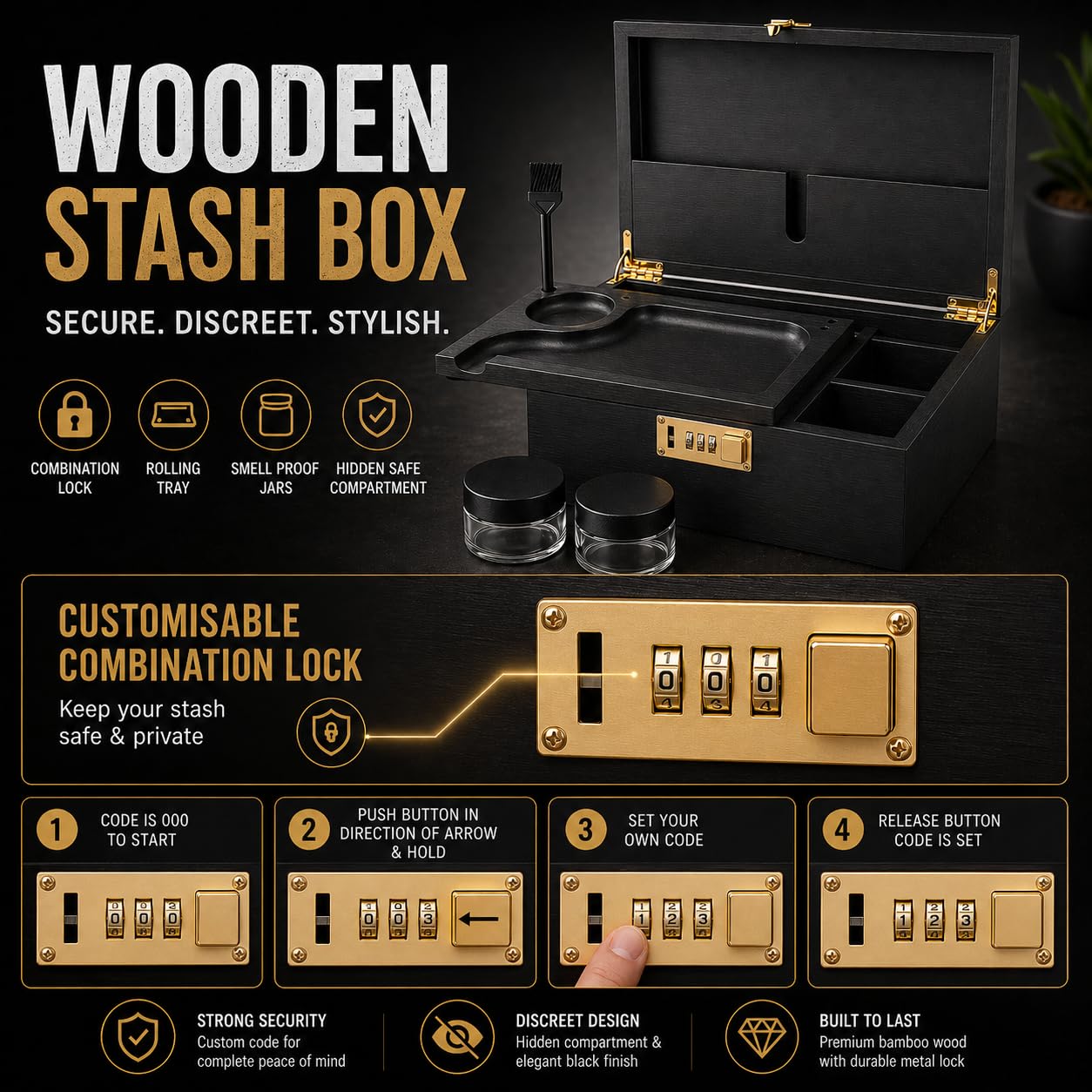 Kit de caja de madera con molinillo, bolsa a prueba de olores, bandeja rodante de madera, tubo, dos recipientes de vidrio y soporte rodante, juego completo de accesorios para fumar