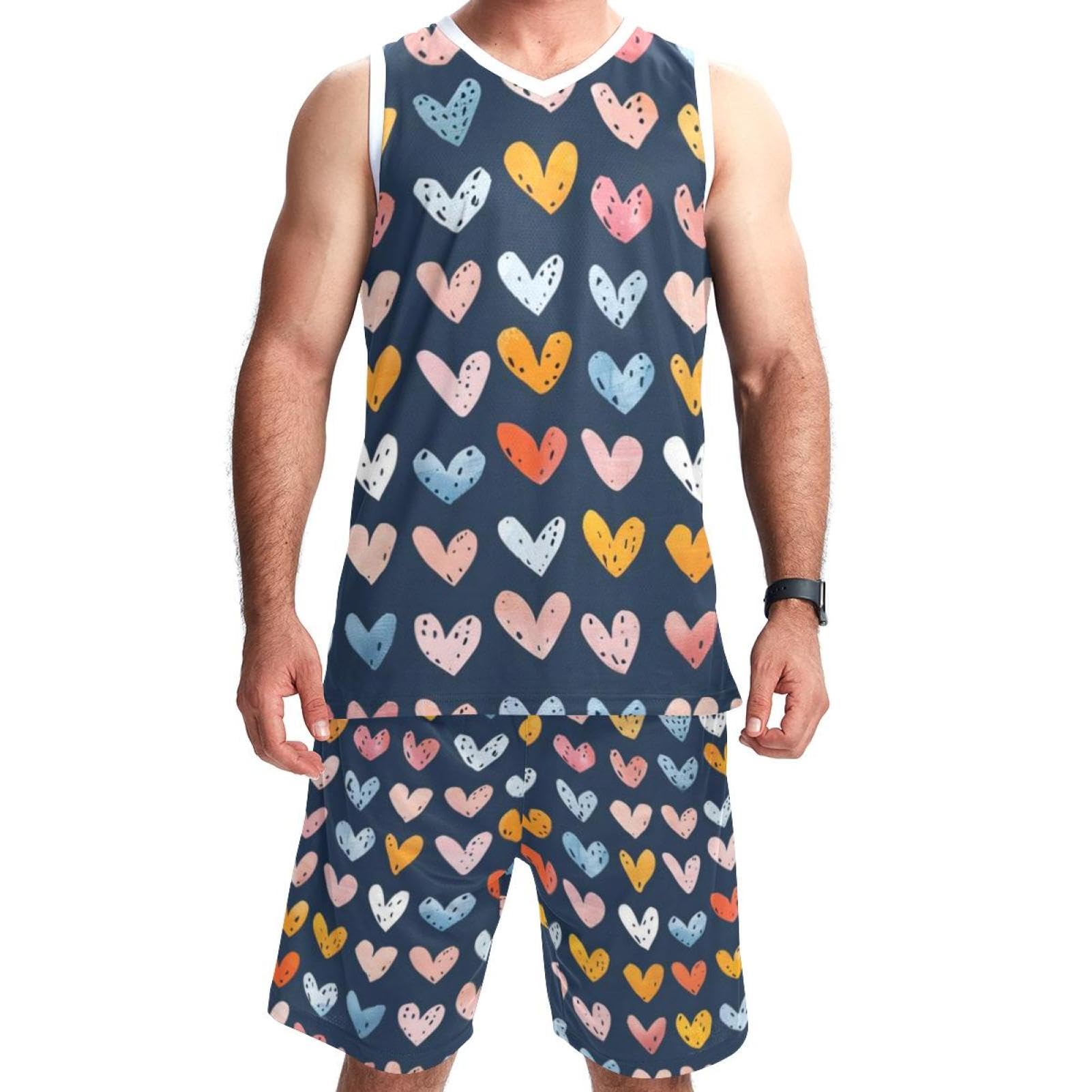 Herren-Basketballanzug mit Taschen, Sportbekleidung für Männer und Frauen, Teamuniform, kleines Herz, Volldruck, Größe 5XL