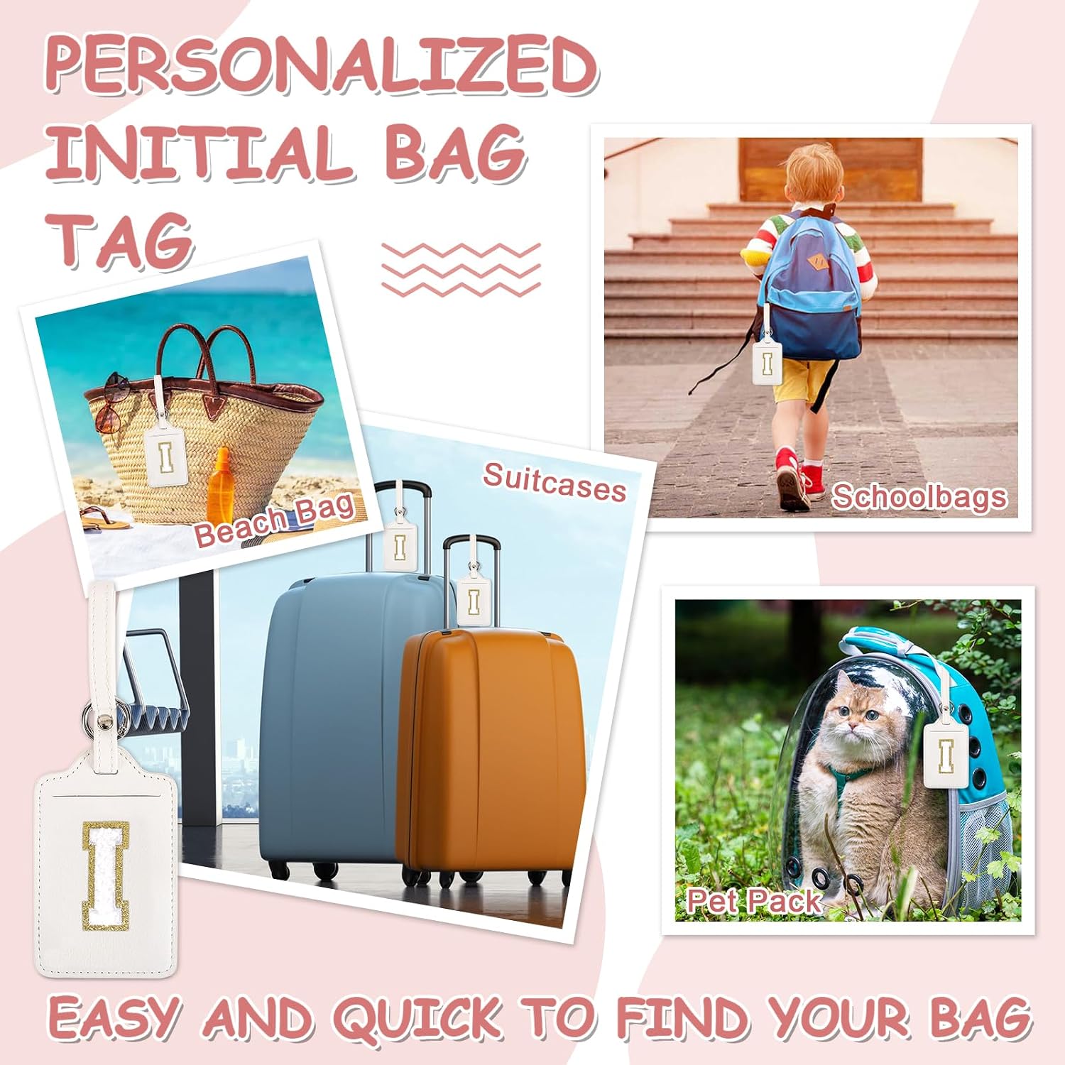 Initial Letter Luggage Tags for Suitcases, Monogrammed Suitcase Luggage Identifier Name Tag, PU Leather TSA Approved Luggage Tags,Bag Tags for Men Women Kids Luggage Handbags Schoolbags(White-White I) image 5