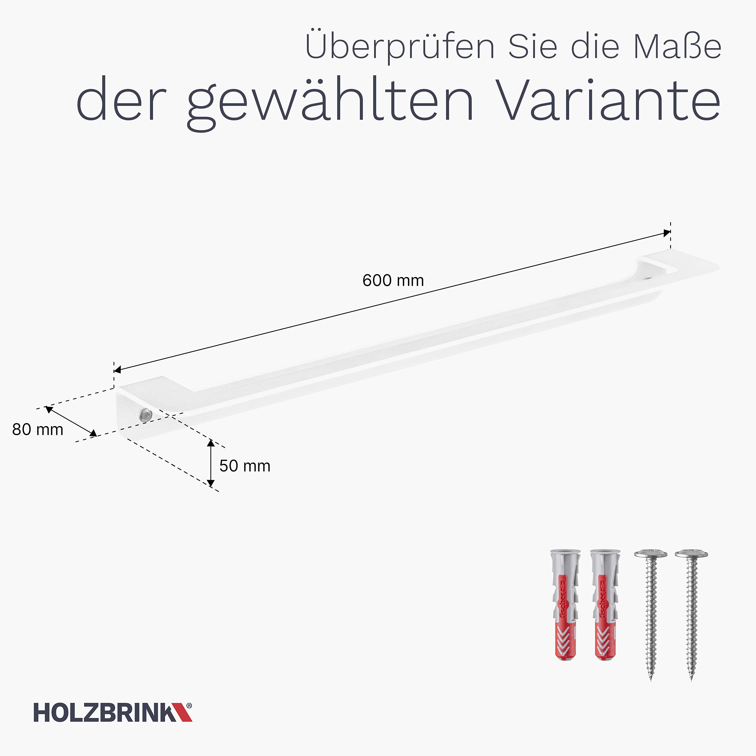 HOLZBRINK Handtuchhalter Bad Wandmontage, Handtuchstange Weiss, Single 60x8x5 cm, 1 Stück, HLW-600-9016