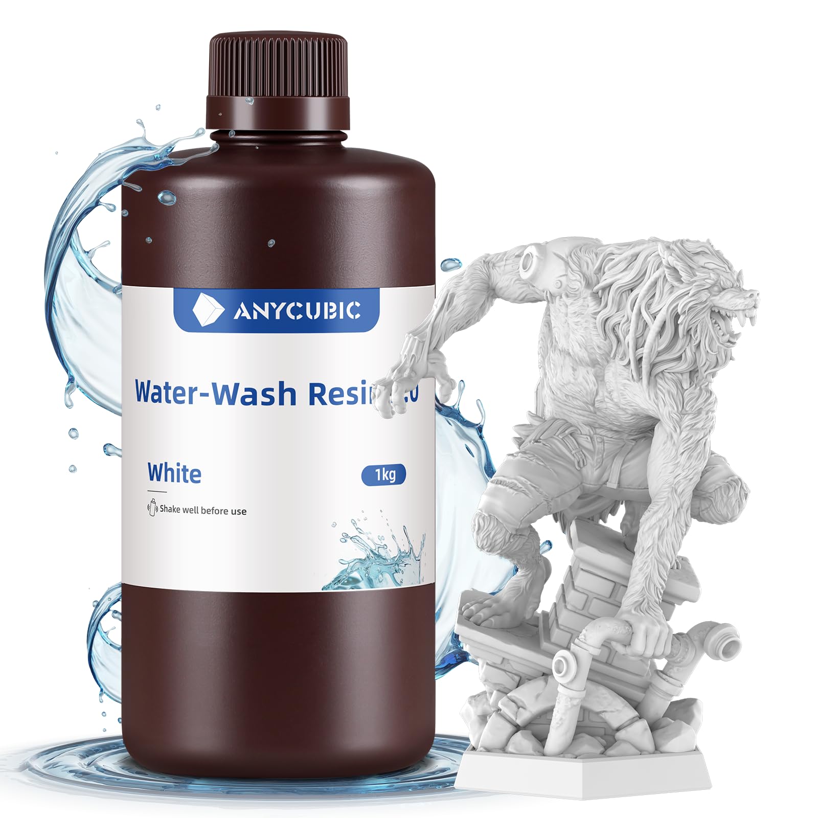 ANYCUBIC Resina Lavabile in Acqua 2.0, Alta Resilienza, Anti-Ingiallimento, Basso Odore per Tutte le Stampante 3D LCD Resina, Bianco 1000g