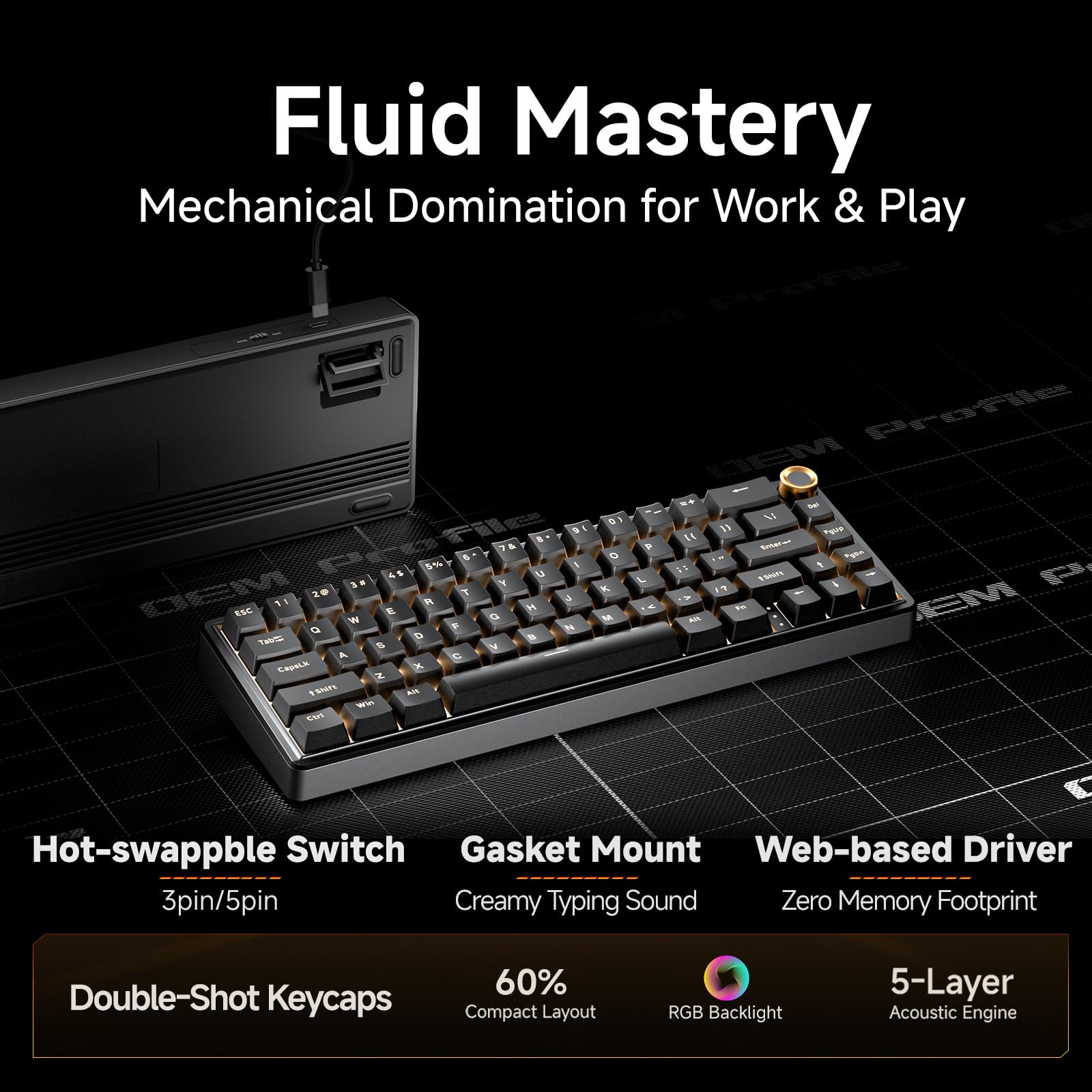 Dierya DK68E Tastiera Gaming, 60% Tastiera Meccanica Gasket con Manopola,Hot-Swap RGB, Compatta 66 Tasti Anti-Ghosting, Layout QWERTY-US (Nero, Interruttori Lineari Creamy)