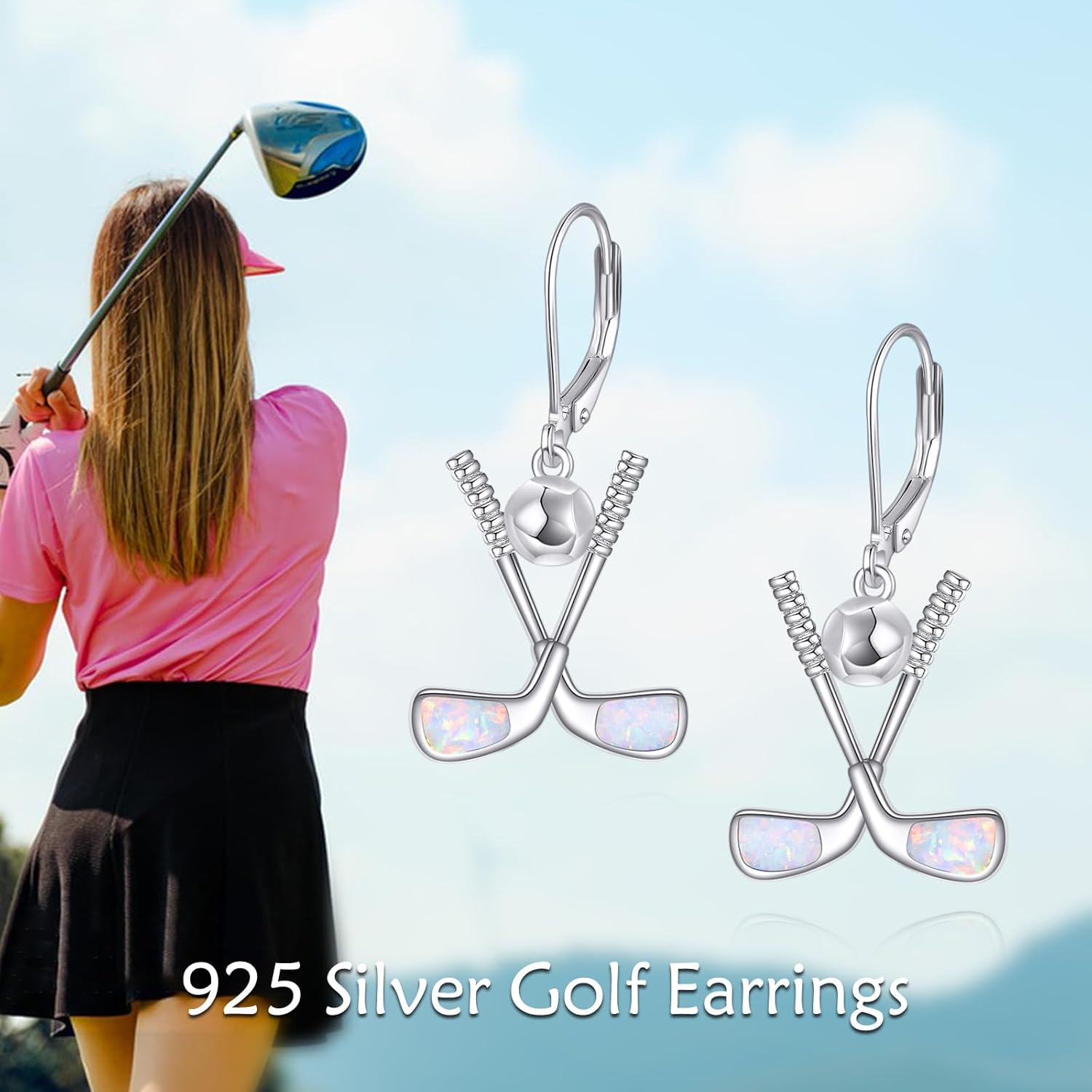 MONGAS Golf Earrings 925 Sterling Silver Created Opal Golf Leverback Earrings Sports Jewelry Gifts for Women