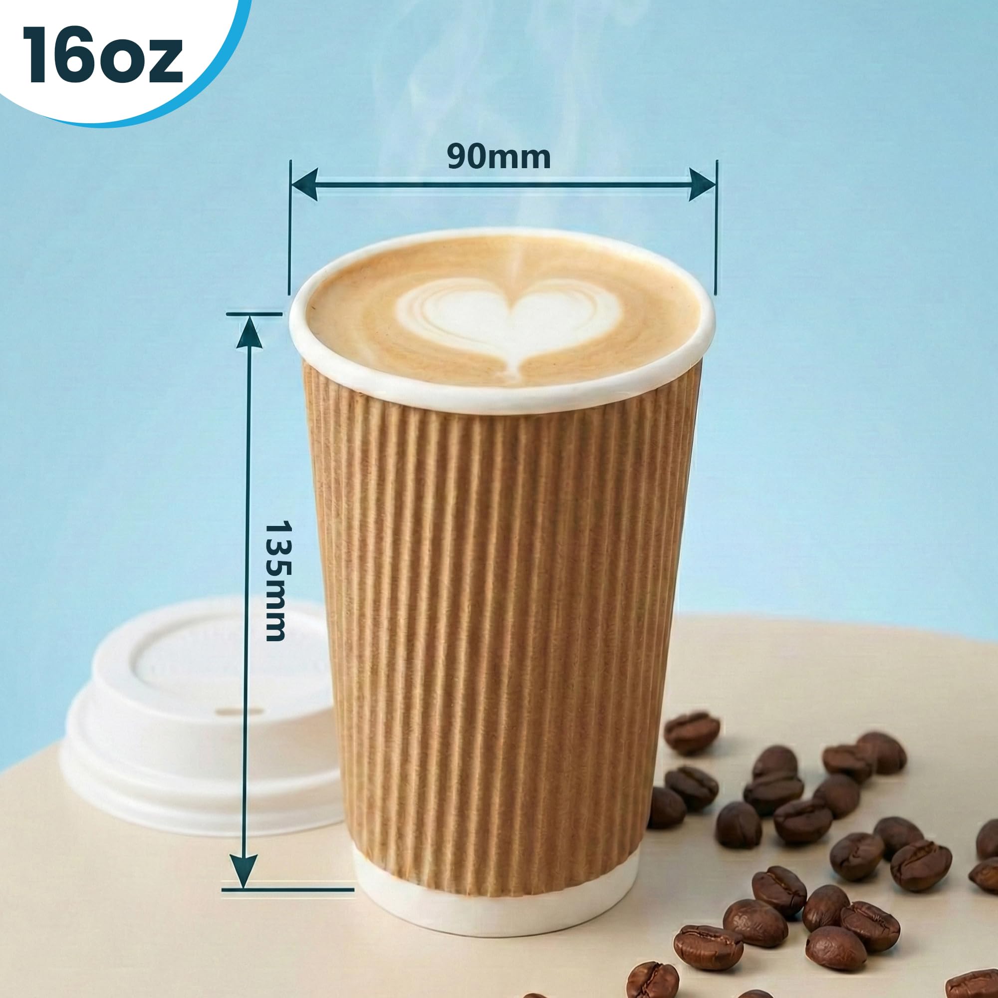 200 tazze da caffè in carta kraft marrone con coperchio, grandi tazze di carta ondulata a tripla parete, per caffè caldo, cappuccino e cioccolata calda, tazze da asporto, 473,6 ml